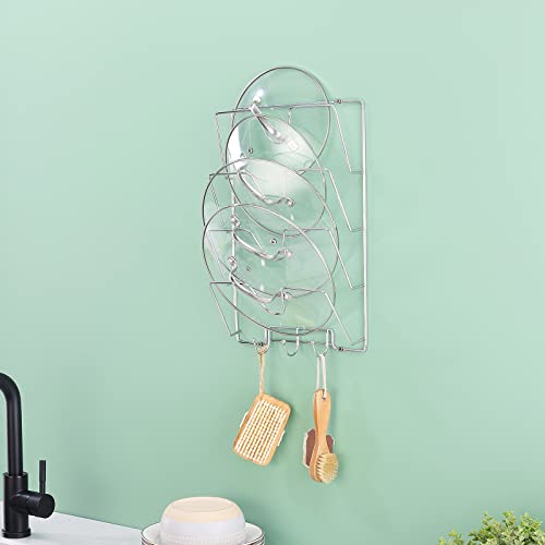 Qflushor Pot Lid Organizer Wall Mount, Kitchen Pot Lid Rack with Hook, Pot Lid Organizer for Cabinet, Pot Lid Holder with Adhesive Hooks, Chrome