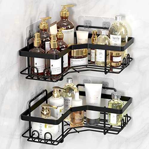 Bonn 1949 2 Pack Corner Shower Caddy,Strong adhesive Shower Organizer Shelf with 8 hooks.Waterproof, rustproof wall-mounted shower shelves for bathroom,dorm and kitchen .No Drilling (Black)…