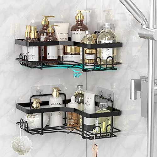 Bonn 1949 2 Pack Corner Shower Caddy,Strong adhesive Shower Organizer Shelf with 8 hooks.Waterproof, rustproof wall-mounted shower shelves for bathroom,dorm and kitchen .No Drilling (Black)…