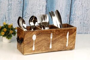 mother’s day gifts wooden kitchen utensil holder with 3 compartments wood utensil organizer for cutlery, napkins, cups caddy organizer | 10.5 x 3.5 inch
