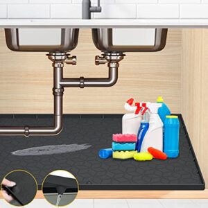 under sink mat for kitchen waterproof ，34″x22″ silicone under sink liner drip tray with drain hole ,flexible cabinet mat and protector for kitchen bathroom，black