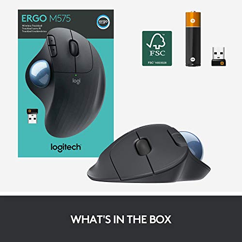 Logitech ERGO M575 Wireless Trackball Mouse - Easy thumb control, precision and smooth tracking, ergonomic comfort design, for Windows, PC and Mac with Bluetooth and USB capabilities - Graphite