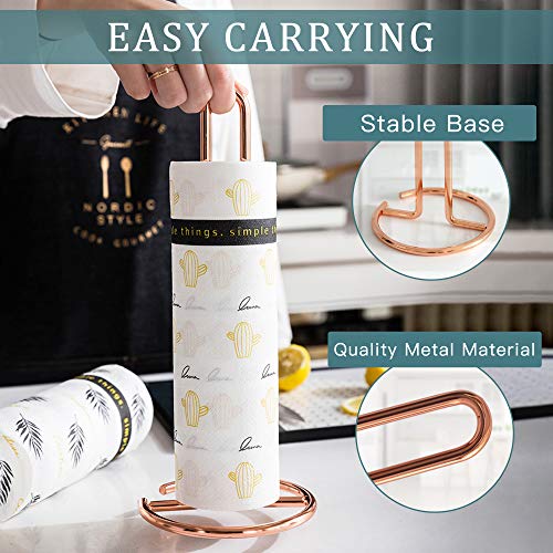 Paper Towel Holder Akamino Standing Paper Towel Roll Rack with Weighted Base for Kitchen Countertop Dining Room Table, Rose Gold