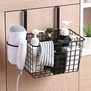 metal wire bathroom holder for body care, over cabinet storage basket for hair care, styling tool, kitchen organization for bakeware, cookbook, cleaning supplies, black