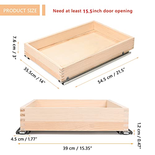 Mulush Pull Out Cabinet Drawer Organizer Tray, Slide Out Wood Kitchen Shelves, 14”W x 21”D, Requires At Least a 15.5” Cabinet Opening, Unfinished Wood