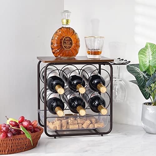 TOOLF 6 Bottle Wine Rack for Countertop, Metal Freestanding Wine Storage Holder with Cork Drawer, Wooden Tabletop Wine Bottle Holder with 2 Glasses Holder for Bar, Wine Cellar & Home Decor