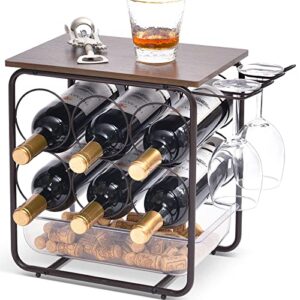 toolf 6 bottle wine rack for countertop, metal freestanding wine storage holder with cork drawer, wooden tabletop wine bottle holder with 2 glasses holder for bar, wine cellar & home decor