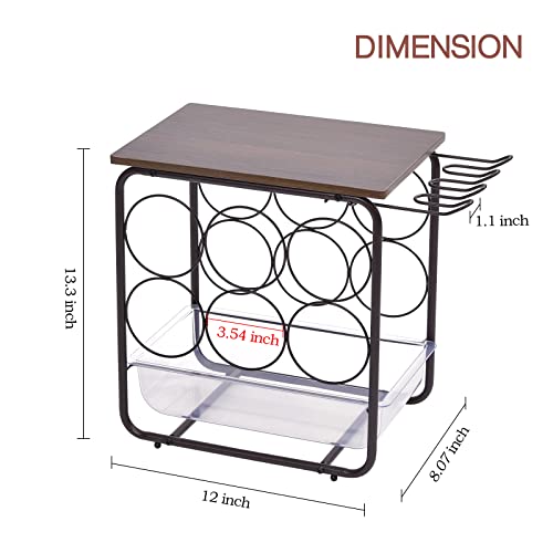 TOOLF 6 Bottle Wine Rack for Countertop, Metal Freestanding Wine Storage Holder with Cork Drawer, Wooden Tabletop Wine Bottle Holder with 2 Glasses Holder for Bar, Wine Cellar & Home Decor