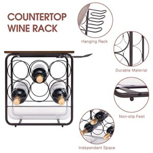 TOOLF 6 Bottle Wine Rack for Countertop, Metal Freestanding Wine Storage Holder with Cork Drawer, Wooden Tabletop Wine Bottle Holder with 2 Glasses Holder for Bar, Wine Cellar & Home Decor