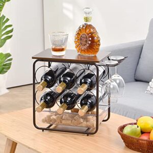 TOOLF 6 Bottle Wine Rack for Countertop, Metal Freestanding Wine Storage Holder with Cork Drawer, Wooden Tabletop Wine Bottle Holder with 2 Glasses Holder for Bar, Wine Cellar & Home Decor