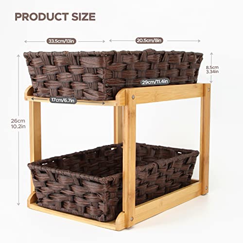 TCJJ 2-Tier Woven Baskets for Storage, Under Bathroom/Kitchen Sink Organizers and Storage, 2 Sliding Storage Baskets and Bamboo Tray for Bathroom Kitchen Pantry Medicine Cabinet Counter (Brown)