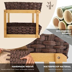 TCJJ 2-Tier Woven Baskets for Storage, Under Bathroom/Kitchen Sink Organizers and Storage, 2 Sliding Storage Baskets and Bamboo Tray for Bathroom Kitchen Pantry Medicine Cabinet Counter (Brown)