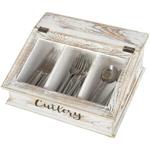 mygift 3-compartment whitewashed solid wood cutlery tray box organizer with clear acrylic hinged lid & black cursive”cutlery” label, dining utensil holder