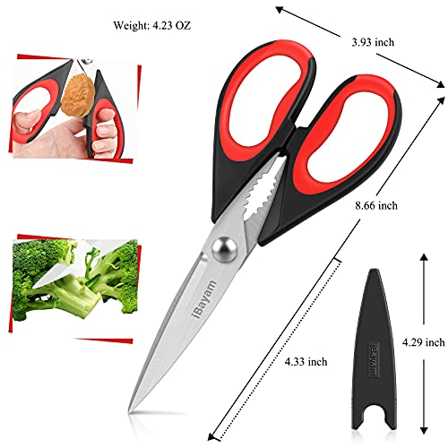 Kitchen Shears, iBayam Kitchen Scissors Heavy Duty Meat Scissors Poultry Shears, Dishwasher Safe Food Cooking Scissors All Purpose Stainless Steel Utility Scissors, 2-Pack (Black Red, Black Gray)