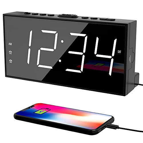 Alarm Clock for Bedroom, 2 Alarms Loud LED Big Display Clock with USB Charging Port, Adjustable Volume, Dimmable, Snooze, Plug in Simple Basic Digital Clock for Deep Sleepers Kids Elderly Home Office