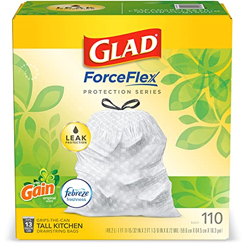 GLAD ForceFlex Tall Kitchen Drawstring Trash Bags, 13 Gallon White Trash Bag for Kitchen Trash Can, Gain Original Scent, Odor Shield, Odor Eliminator, Leak Protection, 110 Count