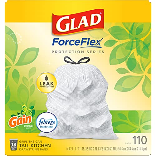 GLAD ForceFlex Tall Kitchen Drawstring Trash Bags, 13 Gallon White Trash Bag for Kitchen Trash Can, Gain Original Scent, Odor Shield, Odor Eliminator, Leak Protection, 110 Count