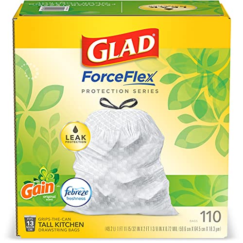 GLAD ForceFlex Tall Kitchen Drawstring Trash Bags, 13 Gallon White Trash Bag for Kitchen Trash Can, Gain Original Scent, Odor Shield, Odor Eliminator, Leak Protection, 110 Count