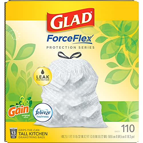 GLAD ForceFlex Tall Kitchen Drawstring Trash Bags, 13 Gallon White Trash Bag for Kitchen Trash Can, Gain Original Scent, Odor Shield, Odor Eliminator, Leak Protection, 110 Count