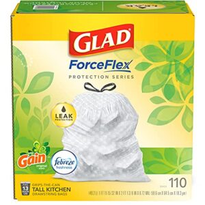 GLAD ForceFlex Tall Kitchen Drawstring Trash Bags, 13 Gallon White Trash Bag for Kitchen Trash Can, Gain Original Scent, Odor Shield, Odor Eliminator, Leak Protection, 110 Count