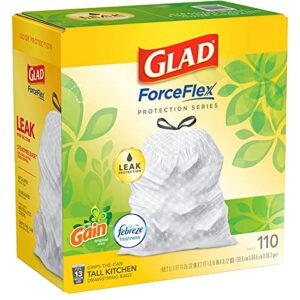 GLAD ForceFlex Tall Kitchen Drawstring Trash Bags, 13 Gallon White Trash Bag for Kitchen Trash Can, Gain Original Scent, Odor Shield, Odor Eliminator, Leak Protection, 110 Count