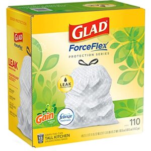 GLAD ForceFlex Tall Kitchen Drawstring Trash Bags, 13 Gallon White Trash Bag for Kitchen Trash Can, Gain Original Scent, Odor Shield, Odor Eliminator, Leak Protection, 110 Count