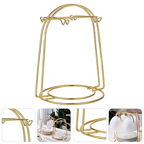 jojofuny Golden Metal Tea Mugs Display Stand 4 Hook European Style Cups Holder Tree Wrought Iron Saucer Organizer Rack for Coffee Home Jewelry Entryway Key Bar Accessories