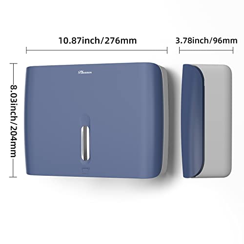 PLUSSEN Paper Towel Dispenser Wall Mount,Capacity 200+ Sheets ZFold Tri Fold Blue Adhesive No Drilling or Screws Installation for Home Toilet