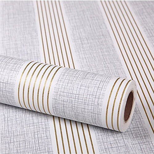 HOYOYO Self-Adhesive Shelf Liners Paper, Removable Self Adhesive Shelf Liner Dresser Drawer Wall Stickers Home Decoration, Grey Gold Stripe 17.8 x 118 Inches