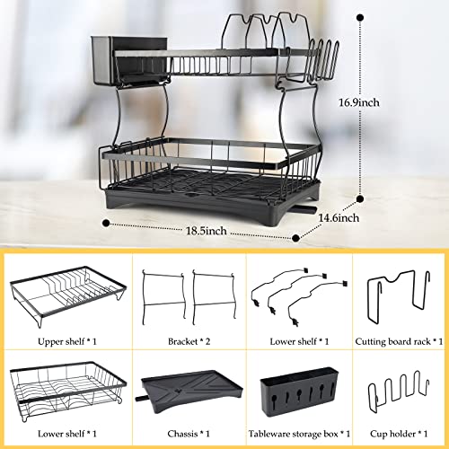 HMGDFUE Large Dish Drying Rack,18.5inch 2 Tier Dish Racks for Kitchen Counter,Detachable Large Capacity Dish Drainer Organizer with Utensil Holder Cutting Boards Holder Drain Board