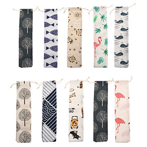 VALICLUD Portable Straw 10Pcs Cutlery Drawstring Bags Portable Cartoon Japanese Style Spoon Chopsticks Forks Straw Cotton Linen Bag Silverware Holder Pouch for Home Outdoor Picnic Portable Chopsticks