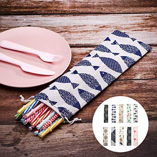 VALICLUD Portable Straw 10Pcs Cutlery Drawstring Bags Portable Cartoon Japanese Style Spoon Chopsticks Forks Straw Cotton Linen Bag Silverware Holder Pouch for Home Outdoor Picnic Portable Chopsticks