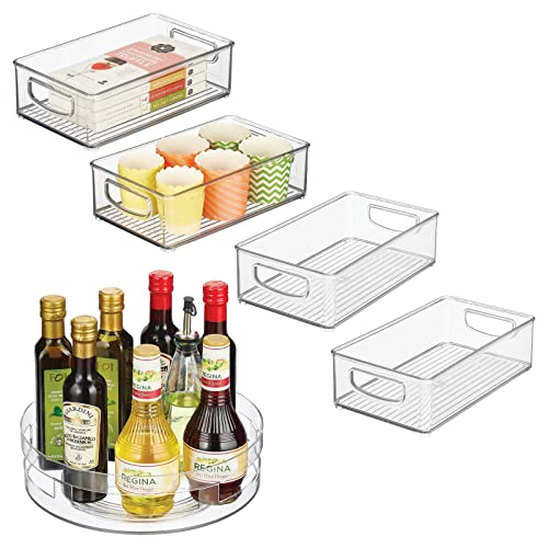 mDesign Plastic Kitchen Storage Bins with Handles and Lazy Susan Turntable Plastic Open Vented Spinner Combo Set for Kitchen, Pantry, Fridge/Freezer, Shelves, or Counter Organizing, Set of 5 - Clear