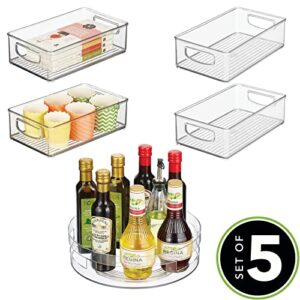 mDesign Plastic Kitchen Storage Bins with Handles and Lazy Susan Turntable Plastic Open Vented Spinner Combo Set for Kitchen, Pantry, Fridge/Freezer, Shelves, or Counter Organizing, Set of 5 - Clear