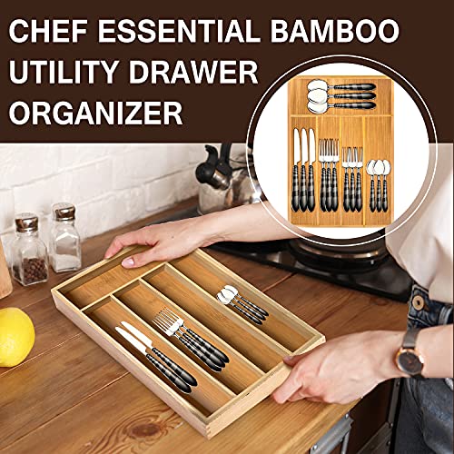 Chef Essential Bamboo Utility Drawer Organizer, Kitchen Silverware tray, 5-Compartment, Your Drawer Will Look Super Neat with This Bamboo Divider, Perfect Size 14.5 L x 10.25 W.