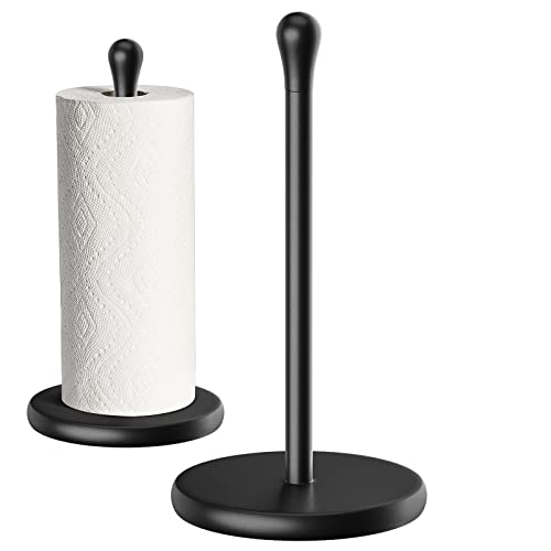 Black Paper Towel Holder Countertop, Kitchen Cling Film Holder Paper Towel Roll Holder Standing Roll Paper Storage Rack, Free Stand Weighted Paper Towels Holder Easy Tear to Use in Bathrooms