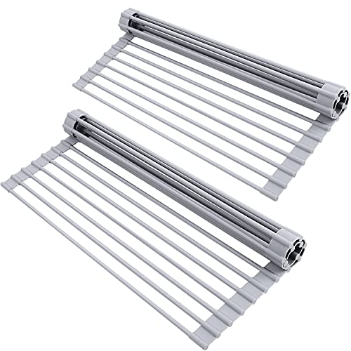 Ohuhu Over Sink Dish Drying Rack, 2 Pack Roll Up Drying Rack 17" L x 13" W Heat-Resistant Anti-Slip Silicone Coated Sink Drying Racks Mat for Kitchen Counter Organizer