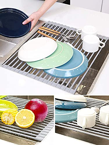 Ohuhu Over Sink Dish Drying Rack, 2 Pack Roll Up Drying Rack 17" L x 13" W Heat-Resistant Anti-Slip Silicone Coated Sink Drying Racks Mat for Kitchen Counter Organizer