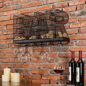 MyGift Black Metal Stemmed Wine Glass Holder and Wine Cork Storage Rack, BAR Word Design Wall Decor