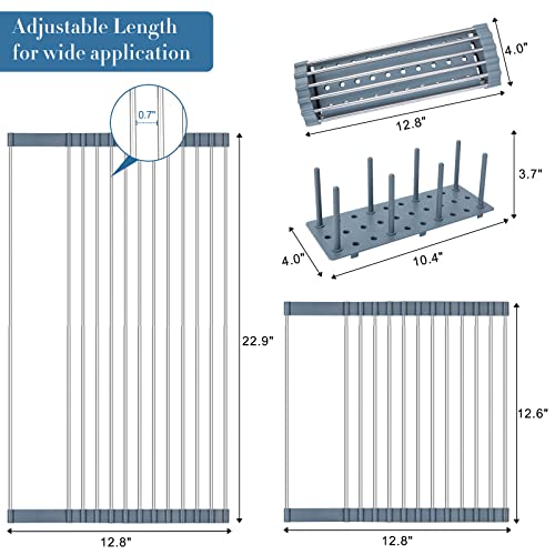 FHYNUI Roll Up Dish Drying Rack Over The Sink, 12.6"x22.9" Adjustable Foldable Sink Rack Stainless Steel Multipurpose Dish Drainer Drying Mat for Kitchen Counter with Cup Holder