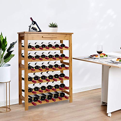 Kinsuite 36 Bottle Wine Rack Freestanding Floor with Drawer Bamboo Wine Rack Table Storage Holder Display 6 Shelves for Storing Wine for Home