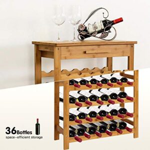 Kinsuite 36 Bottle Wine Rack Freestanding Floor with Drawer Bamboo Wine Rack Table Storage Holder Display 6 Shelves for Storing Wine for Home