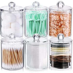 aozita 6 pack qtip holder dispenser for cotton ball, cotton swab, cotton round pads, floss – 10 oz clear plastic apothecary jar set for bathroom canister storage organization, vanity makeup organizer