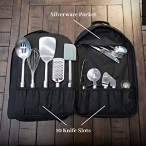 ExecuChef Knife Bag with 29 Pockets for Knives and Kitchen Utensils | Business Card Holder and Lock | Water Resistant and Durable Ballistic Nylon Backpack for Professional Chefs and Culinary Students