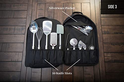 ExecuChef Knife Bag with 29 Pockets for Knives and Kitchen Utensils | Business Card Holder and Lock | Water Resistant and Durable Ballistic Nylon Backpack for Professional Chefs and Culinary Students