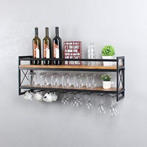 mbqq wine rack stemware glass rack,industrial 2-tier wood shelf,36″ wall mounted wine racks with 8 stem glass holder for wine glasses,mugs,home decor,black