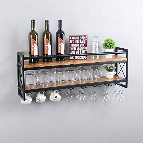 MBQQ Wine Rack Stemware Glass Rack,Industrial 2-Tier Wood Shelf,36" Wall Mounted Wine Racks with 8 Stem Glass Holder for Wine Glasses,Mugs,Home Decor,Black