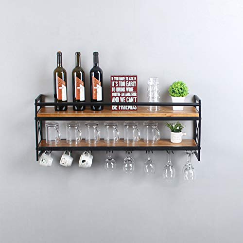 MBQQ Wine Rack Stemware Glass Rack,Industrial 2-Tier Wood Shelf,36" Wall Mounted Wine Racks with 8 Stem Glass Holder for Wine Glasses,Mugs,Home Decor,Black