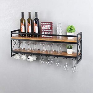 MBQQ Wine Rack Stemware Glass Rack,Industrial 2-Tier Wood Shelf,36" Wall Mounted Wine Racks with 8 Stem Glass Holder for Wine Glasses,Mugs,Home Decor,Black