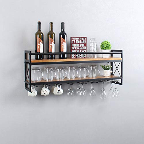 MBQQ Wine Rack Stemware Glass Rack,Industrial 2-Tier Wood Shelf,36" Wall Mounted Wine Racks with 8 Stem Glass Holder for Wine Glasses,Mugs,Home Decor,Black